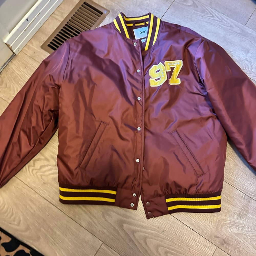 Burgundy TNA Varsity Jacket with Yellow Trim